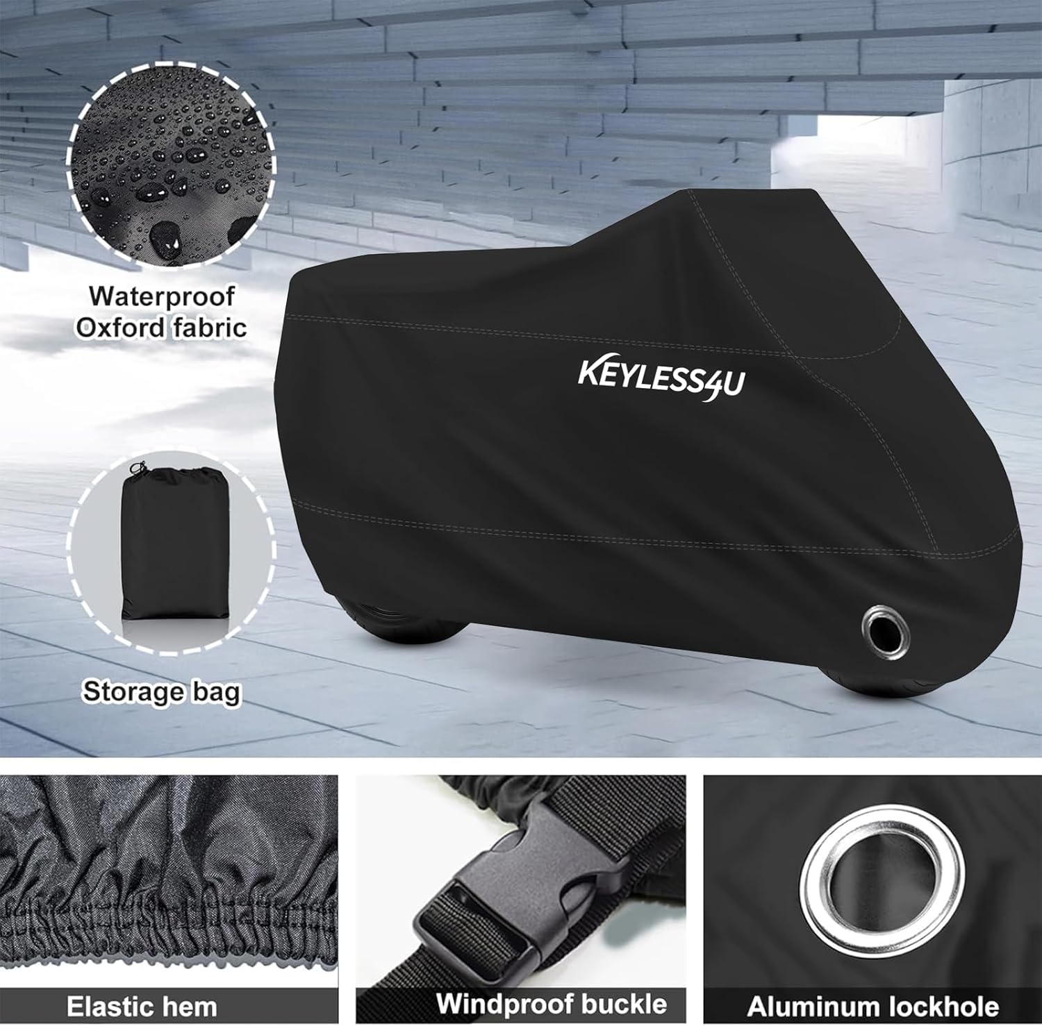 Motorcycle Cover Premium Waterproof Outdoor All Weather Protect from Dust Sunlight Rain. Compatible with Harley Davidson, Honda, Suzuki, Kawasaki, Yamaha and Many More(Black,97inch)
