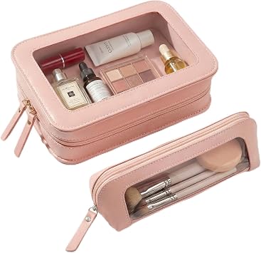 2Pack Clear Makeup Bags Set, Clear Pencil Case Pouch,Portable Leather Travel Toiletry Bag Pink Car Accessories for Women