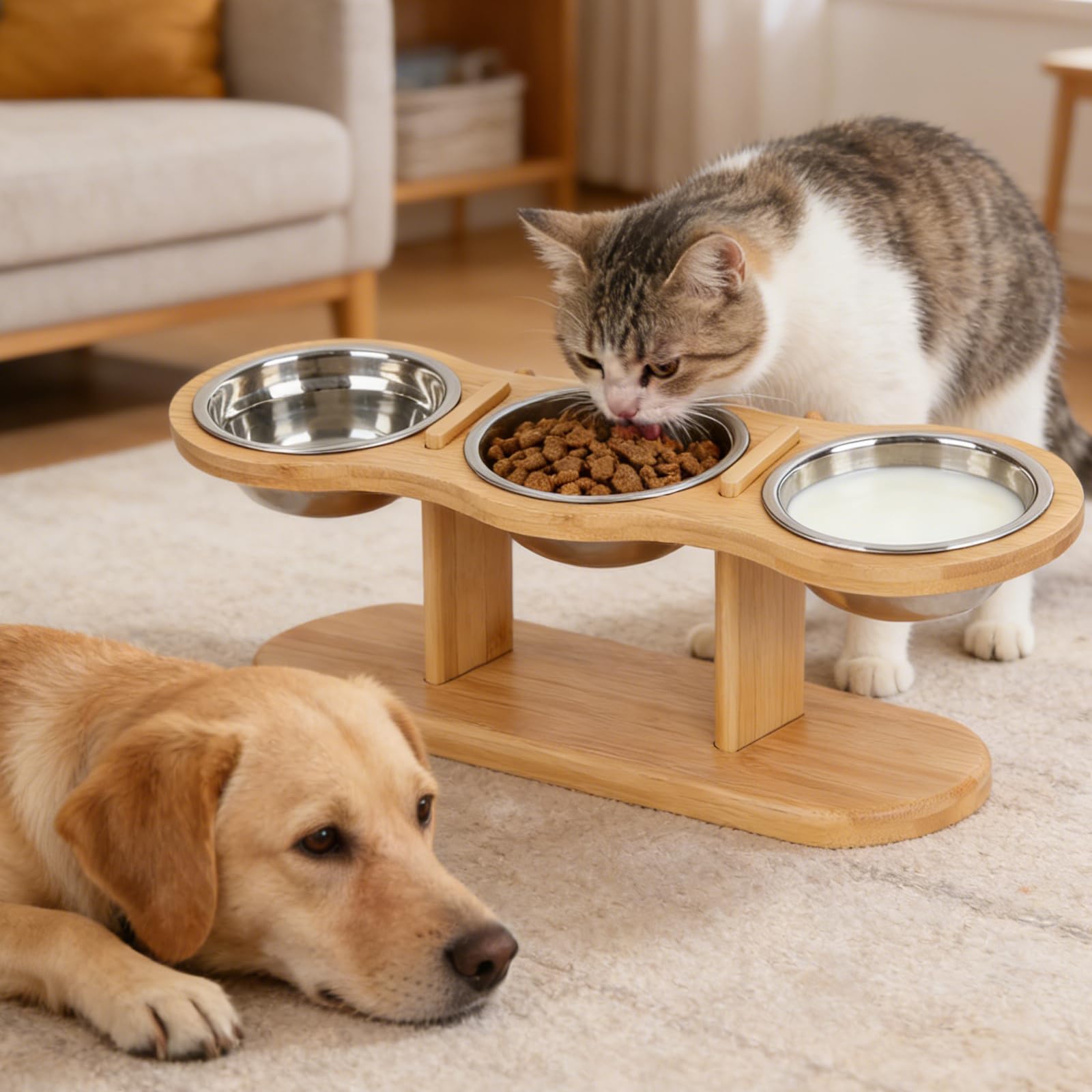 Gamelle Chat Surélevée avec 3 Bols en Acier Inoxydable, Support en Bois, Hauteur Réglable, Gamelle Surélevée pour Chat, Support Gamelle Chat,Gamelles pour Chats et Petits Chiens