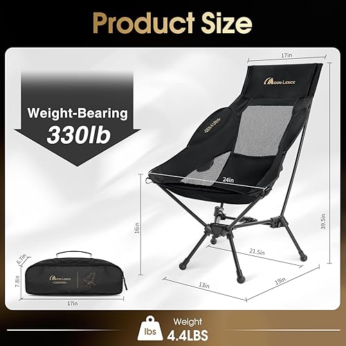 Miniatura 2 de MOON LENCE Silla de camping plegable de respaldo alto, silla compacta portátil de 330 libras con asiento ancho y respaldo ergonómico (negro)