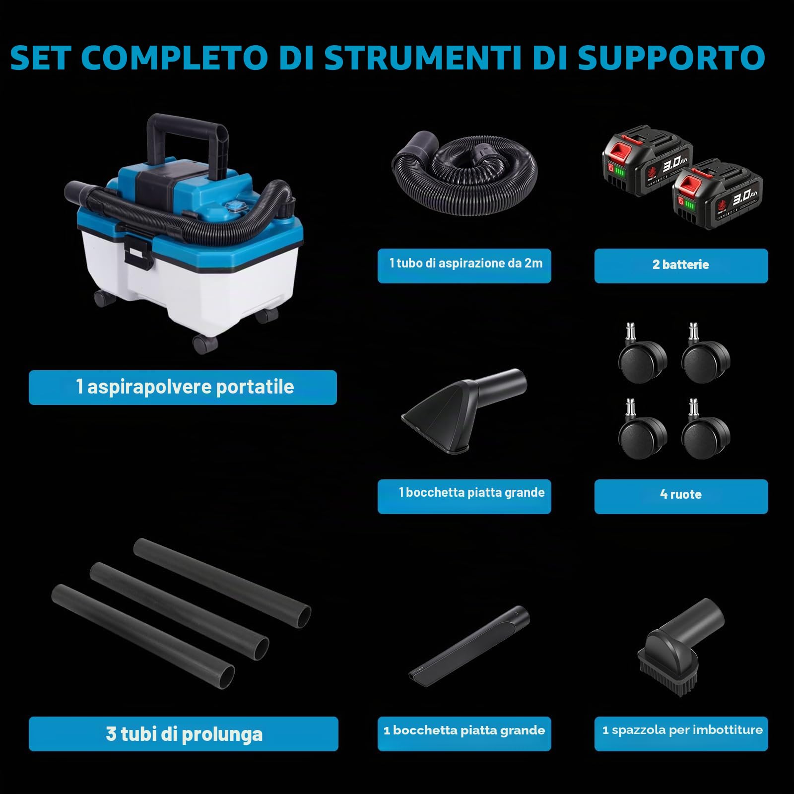 ONEVAN Aspirapolvere Industriale a Batteria 2-in-1 10L Bidone con 2x3,0Ah | 300W Brushless, 22KPa Aspirazione, 3 tubi prolunga & ugelli, 2m tubo, Carica rapida, Per trucioli legno, officina, auto