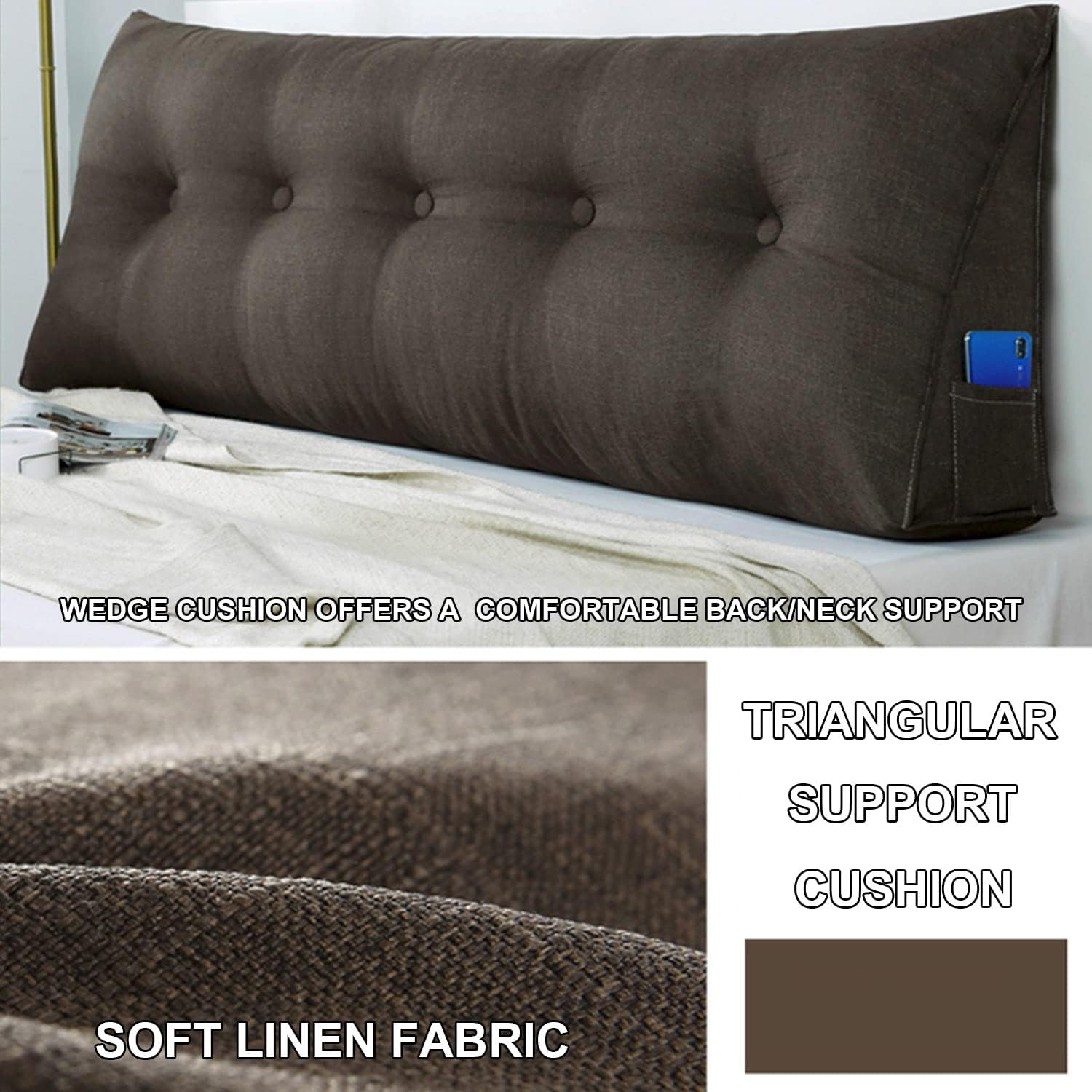 Linen Wedge Headboard Pillow,Large Bolster Triangular Headboard Reading Pillow,Solid Color Positioning Bed Rest Cushion Daybed Backrest with Removable Cover,Coffee,39.3"/100cm(Twin)