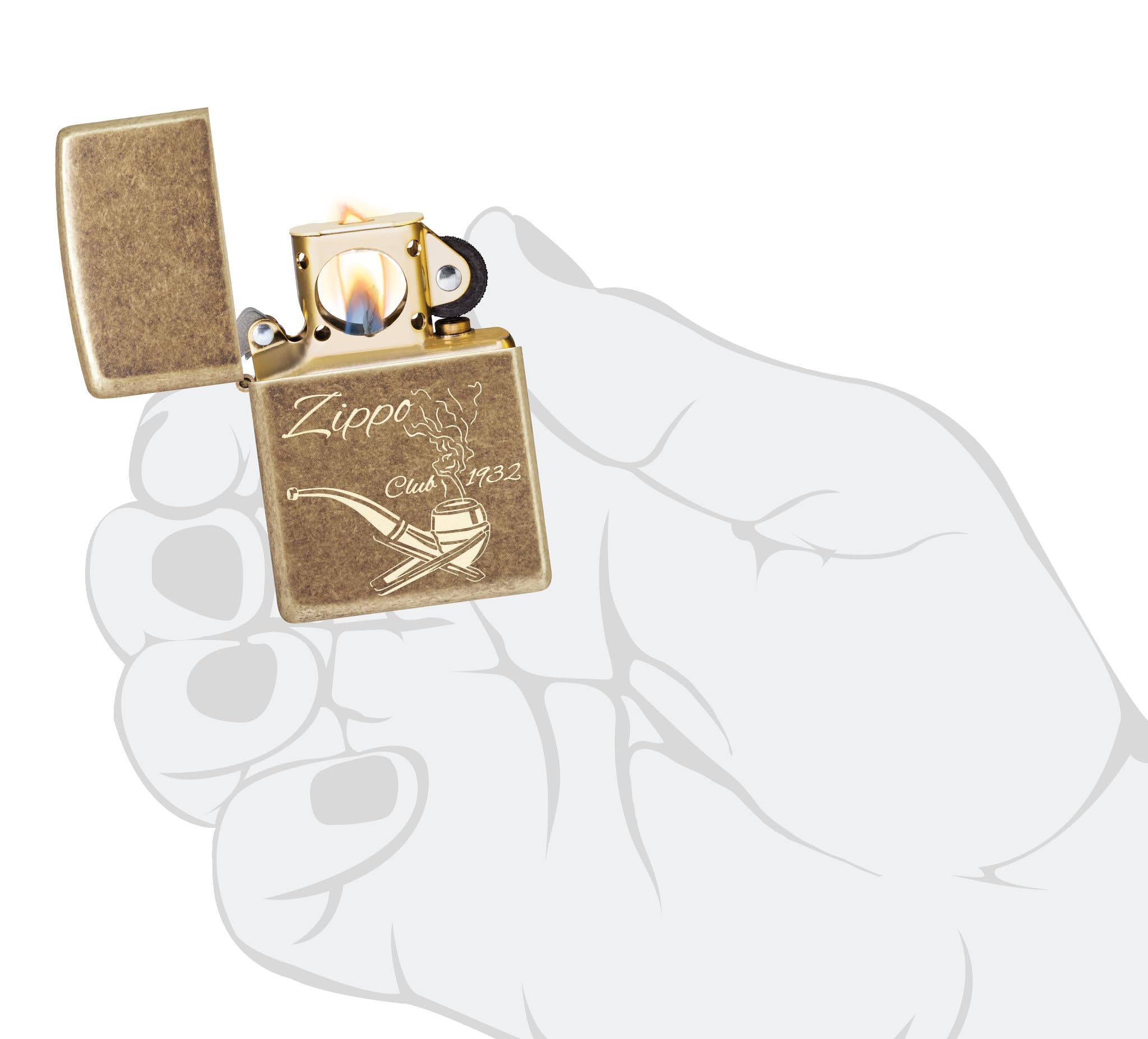 Zippo Sturmfeuerzeug - Pipe Design - Gold - Antique Brass, Laser Engrave - Nachfüllbar - Wiederverwendbar - Windfestes Design - Geschenkbox - Made in USA