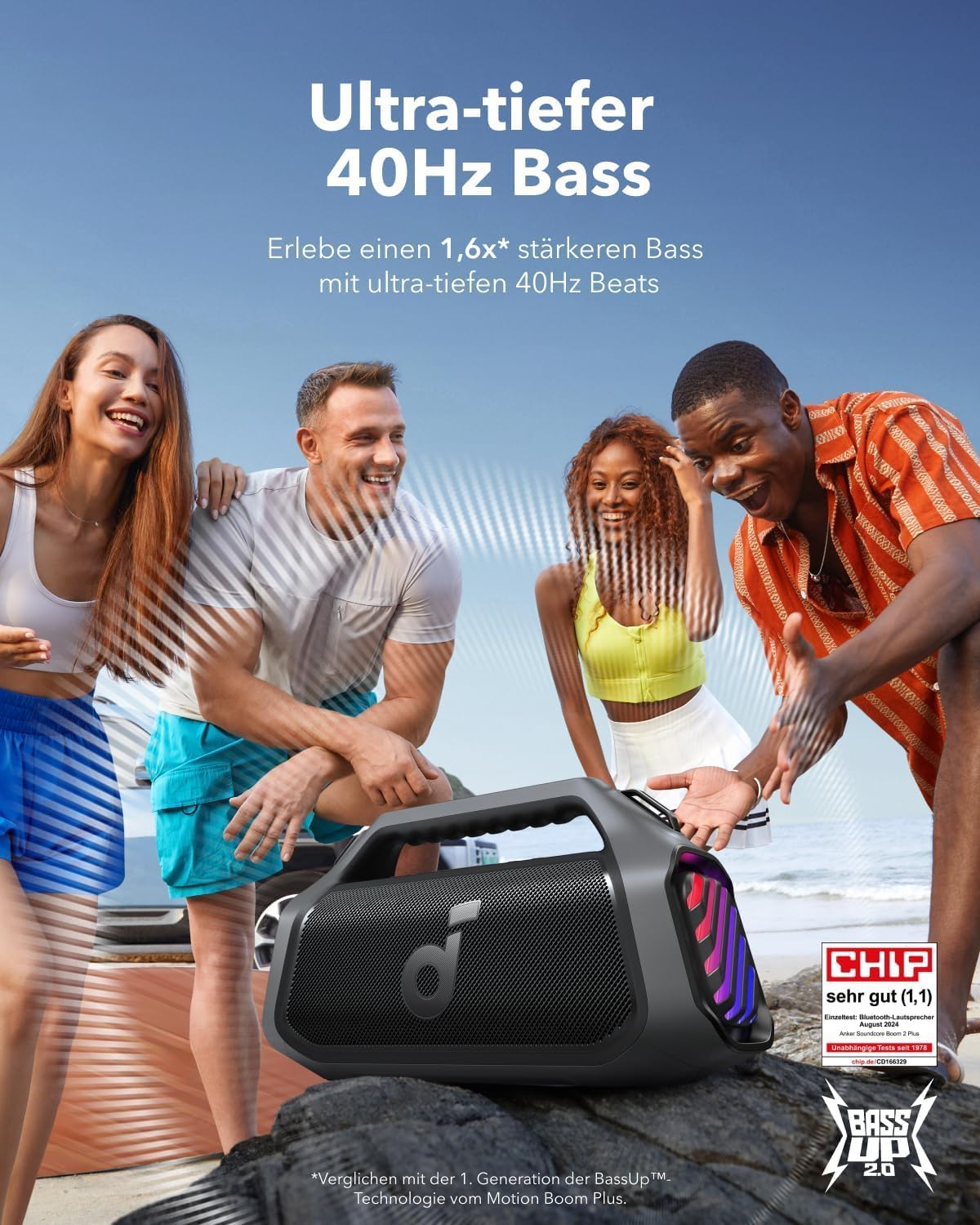 soundcore Boom 2 Plus by Anker, Outdoor Speaker, 140W, 2+2 Channel, BassUp 2.0, 20H Playtime, Fast Charge, IPX7 Waterproof, RGB Lights, Power Bank, Bluetooth 5.3, Portable for Outdoors [Renewed]