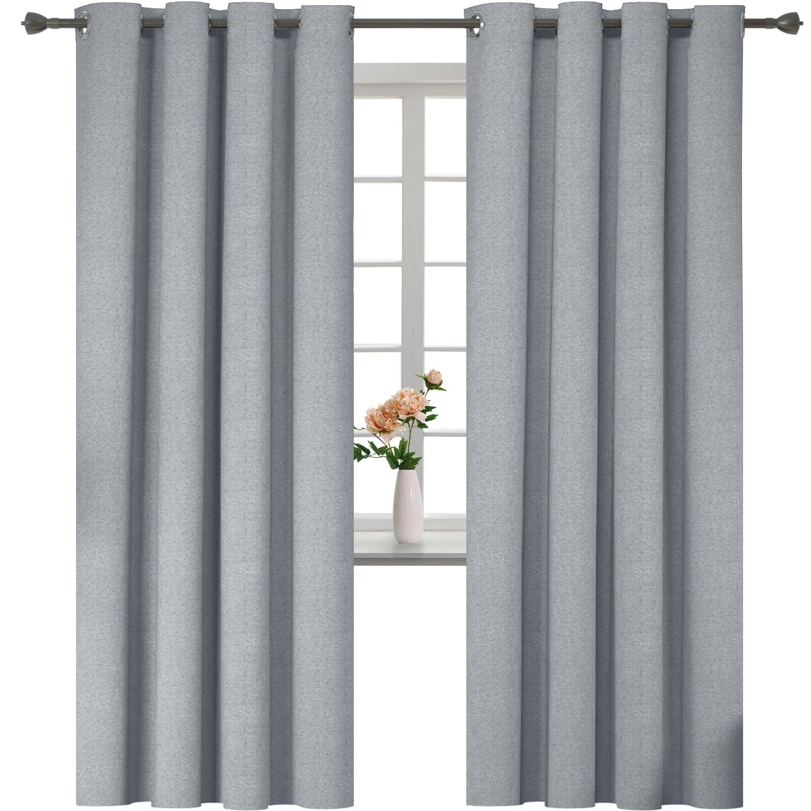 YSTELLAA Tende 100% Oscuranti Per Interni 2 Pezzi, 140×240cm, Effetto Lino, Tende Termiche, Con Anelli, Tenda Termica Isolante Freddo E Caldo, Fonoassorbenti, Moderne, Grigio Chiaro
