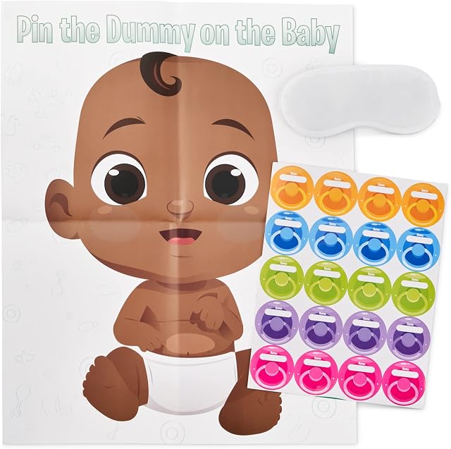 Baby Shower Game - Pin The Dummy on The - Includes 20 Stickers, Large Poster and Luxury Blindfold (Option 2)