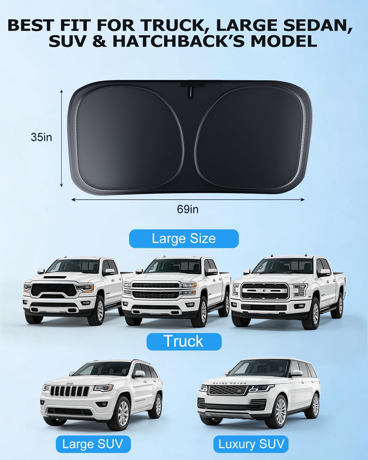 DMJN Front Windshield Sun Shade for Universal Large Size, [Nano Ice-Crystal Coatings] UPF50+ Heat & UV Block, Protect Car Interior & Keep Cool, Flodable Steel-Ring Car Cover for Summer