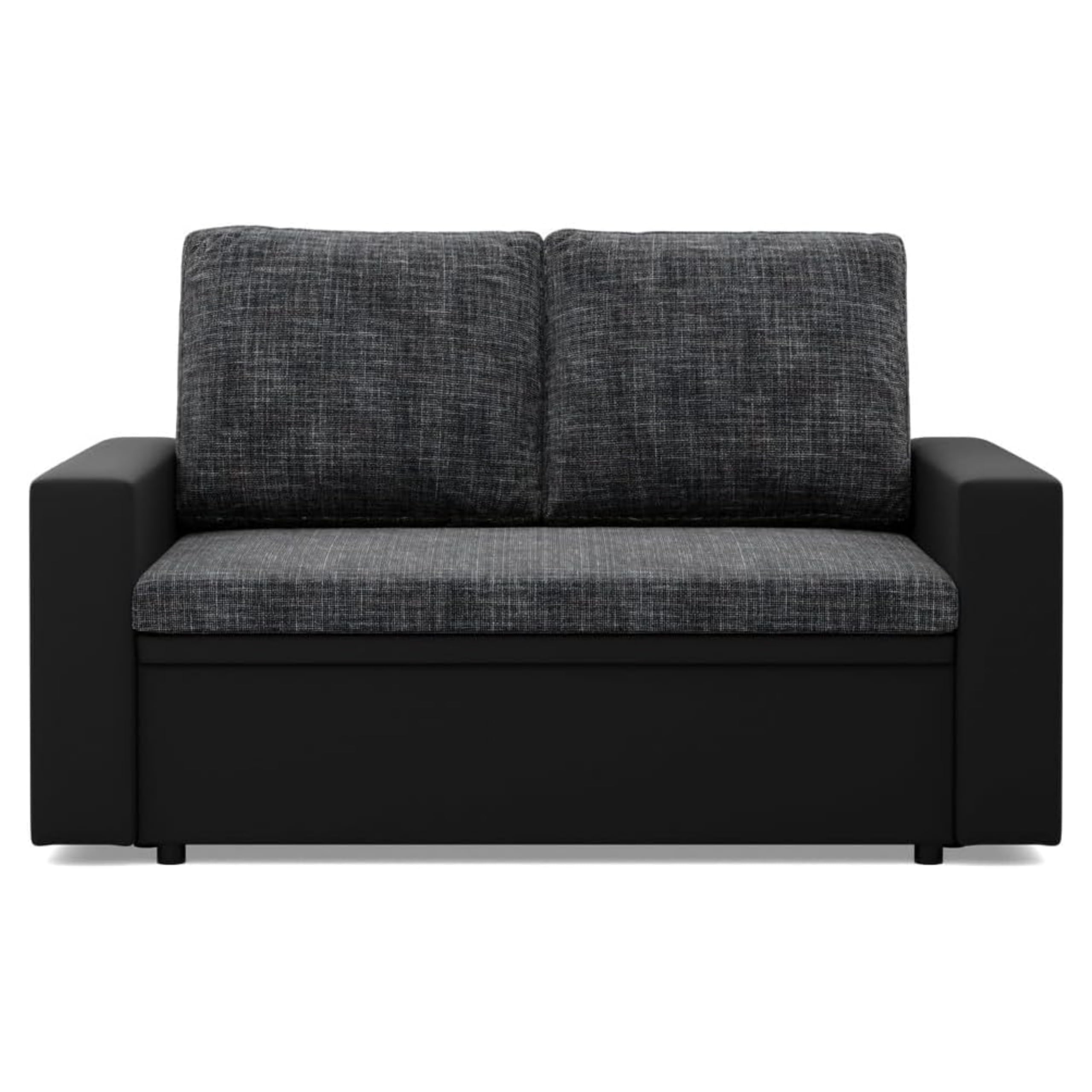 Mebligo - Zweisitzer Sofa Wohnzimmer mit Schlaffunktion, Bettkasten und Kunsteleder 148x90x87 (BxHxT) Dunkelgrau und Schwarz Luna, Schlafsofa Platzsparend, Schlafcouch, Sofabett, Sofa Bed, Bettsofa