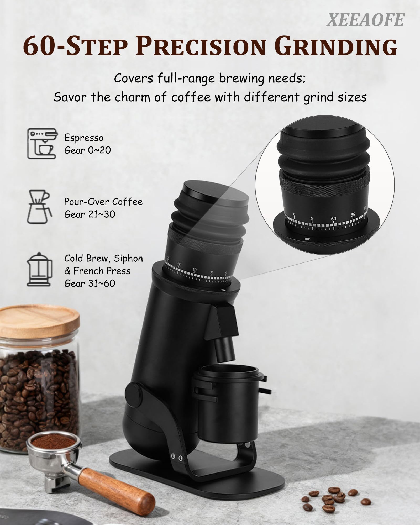 Młynka do Kawy ze Ślimakami Stożkowymi: 60 Ustawień Mielenia od Espresso do French Press, Konstrukcja Pojedynczej Dawki z Miechem do Czyszczenia & Lejem o Niskim Zaleganiu