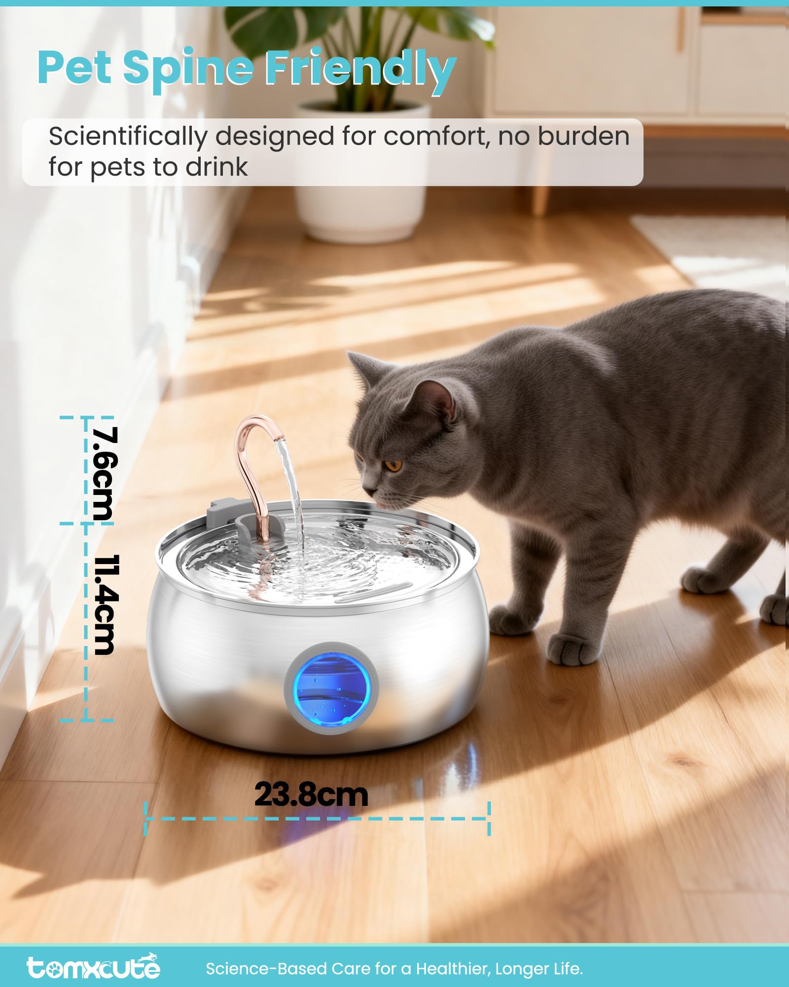 Tomxcute Fontana per gatti in acciaio inox, 4,0 l, design a collo di cigno, fontana per gatti e interni, con 3 filtri di ricambio