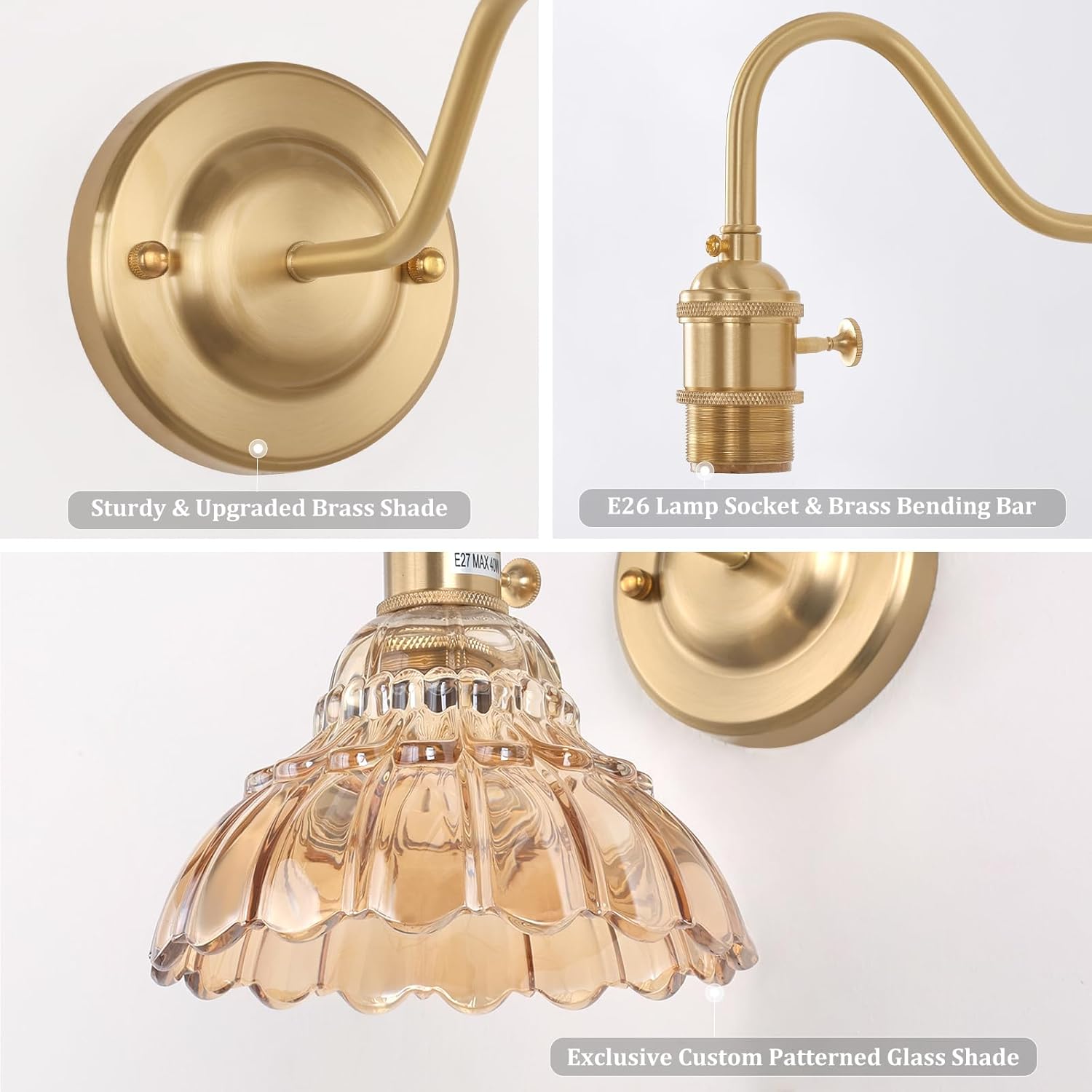 Battery Operated Wall Sconce Set of 2, Vintage Rechargeable Wall Lights with Amber Lily Glass Shade, Wireless Indoor Wall Lamp with Remote for Bedroom Living Room Bathroom