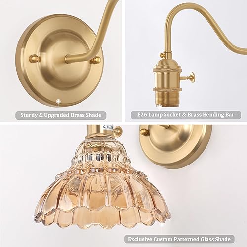 Miniatura 6 de Juego de 2 apliques de pared a pilas, luces de pared recargables vintage con pantalla de vidrio de lirio ámbar, lámpara de pared inalámbrica para