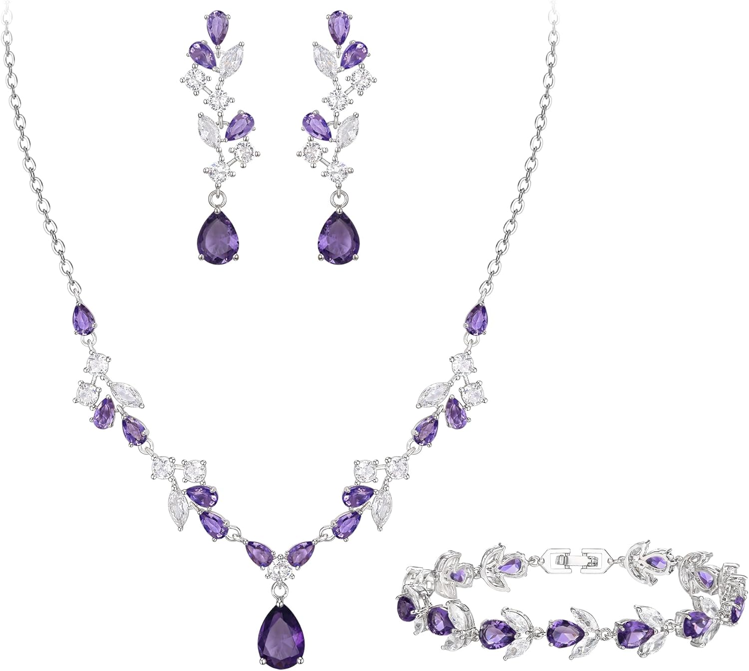 Crysdue Wedding Bridal Jewelry for Women Bridesmaid, Sparkle Teardrop Marquise Cubic Zirconia Y-Necklace Dangle Earrings Tennis Bracelet Elegant Prom Jewellery Set