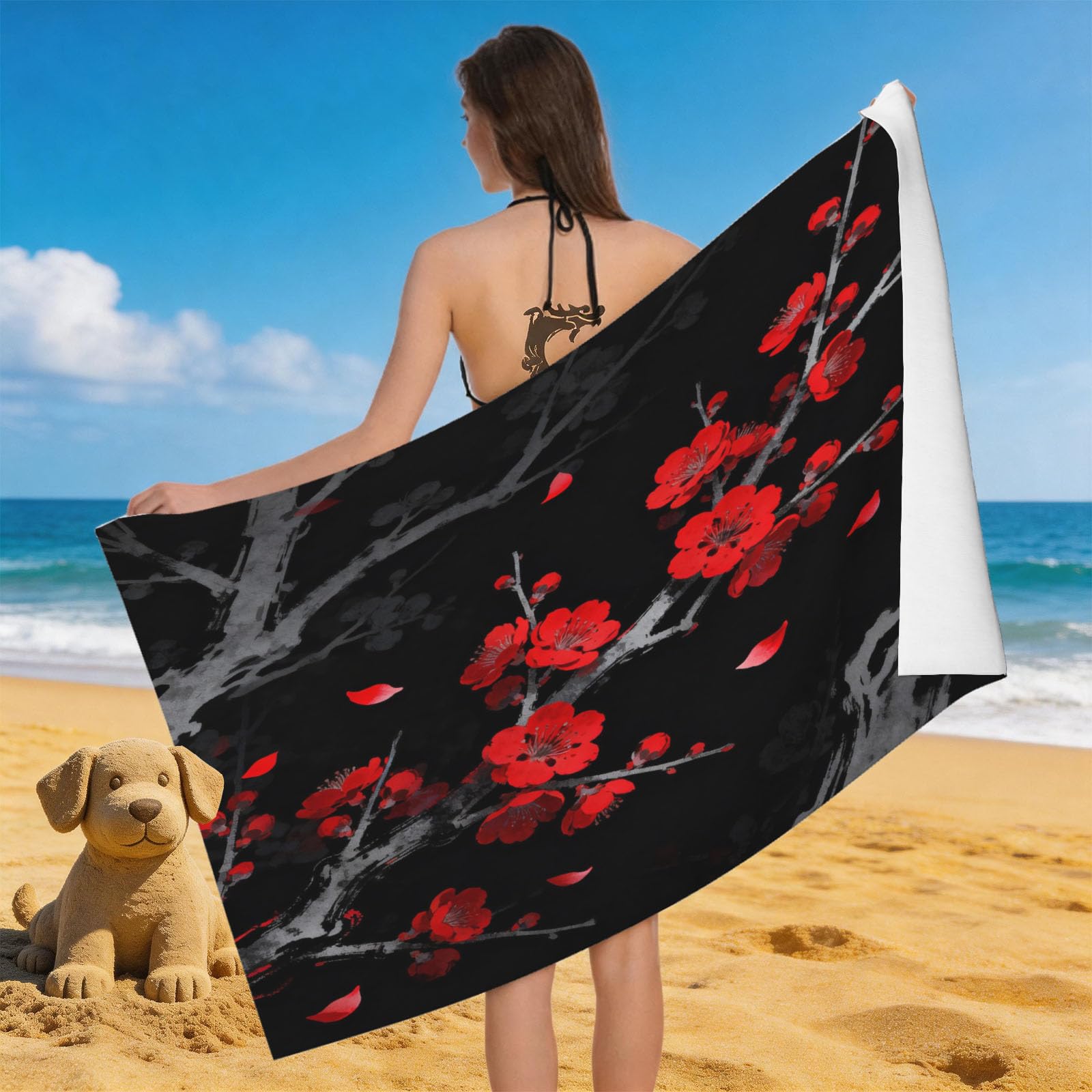 Leichong 3D Cartoon Plum Blossom Beach Towel Large Microfiber Soft Quick Dry for Adults, Chinese Style Bath Towel Lightweight Soft Absorbent for Travel Swimming Pool Sports, 180 x 90 cm