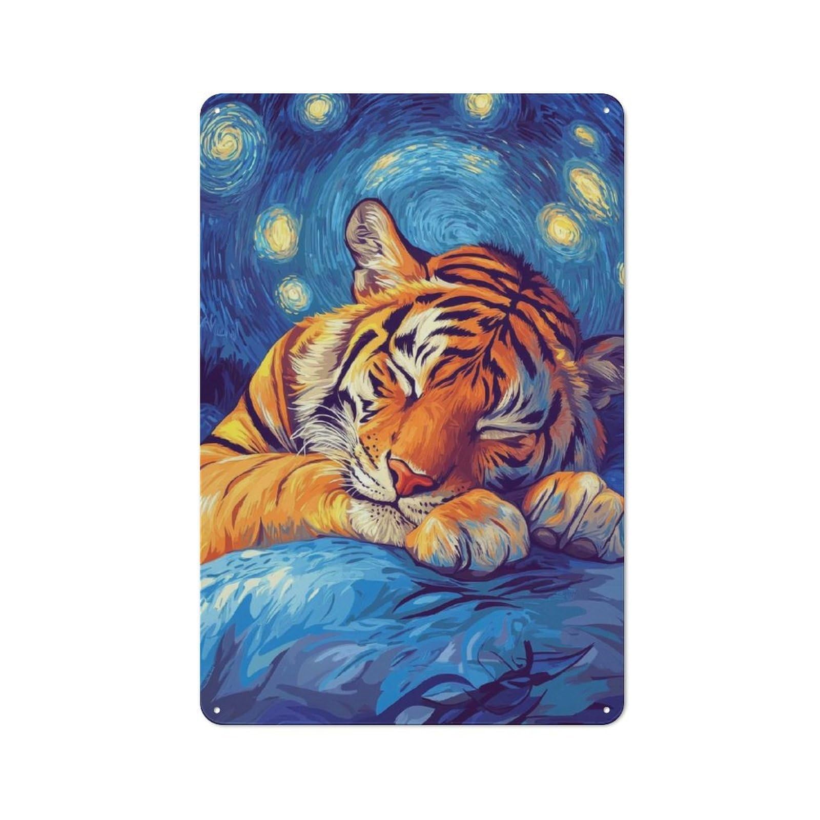 Junmoney Style-14 Rustic Metal Wall Sign 30X20cm Featuring Tiger Sleeping Under Starry Night For Garage Wall, Tin Sign Wall Decor For Garages And Workshops