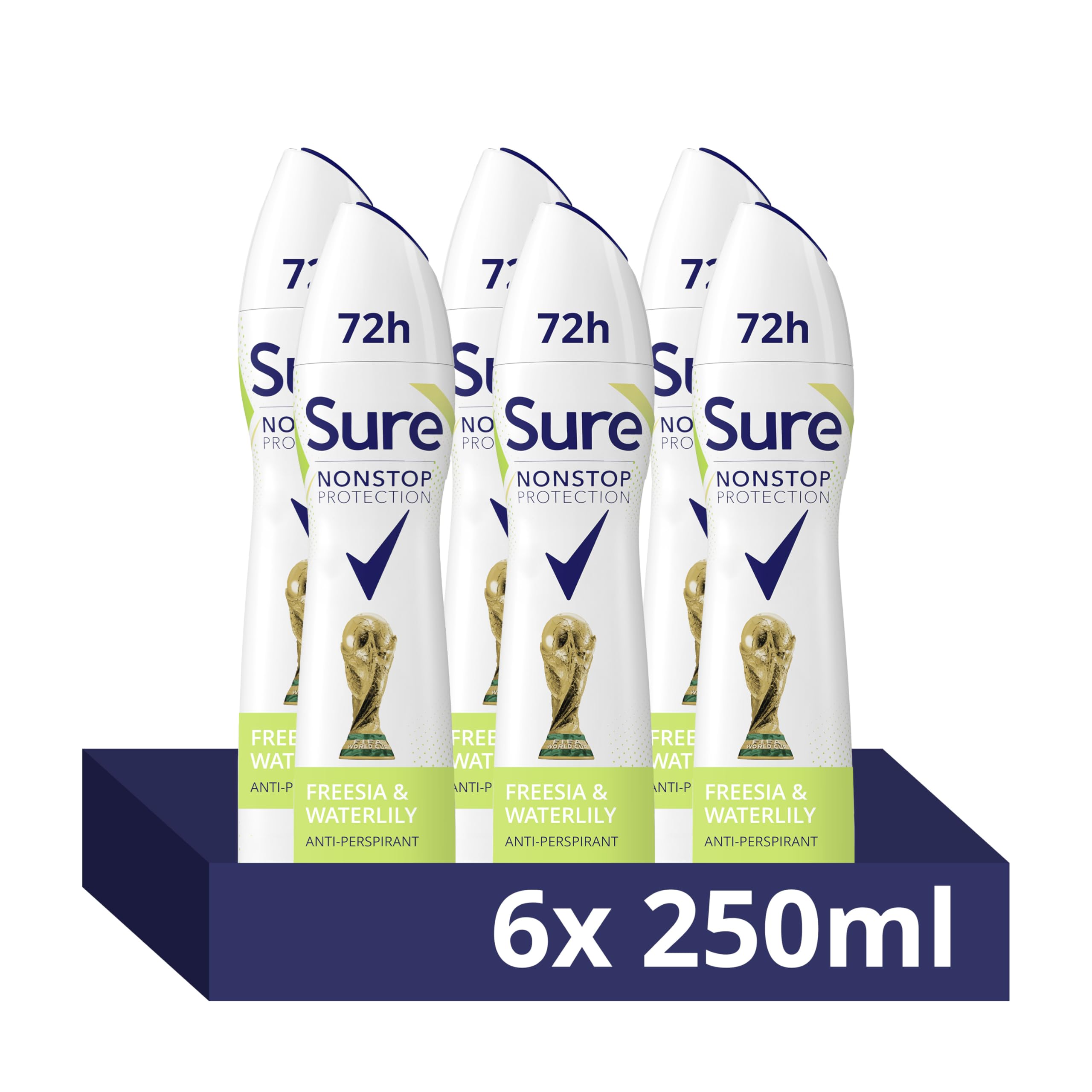 Sure Women Nonstop Protection Freesia & Water Lily Antiperspirant Deodorant Aerosol pack of 6 deodorant for women for 72-hour sweat and odour protection 250 ml, 250.0 milliliters