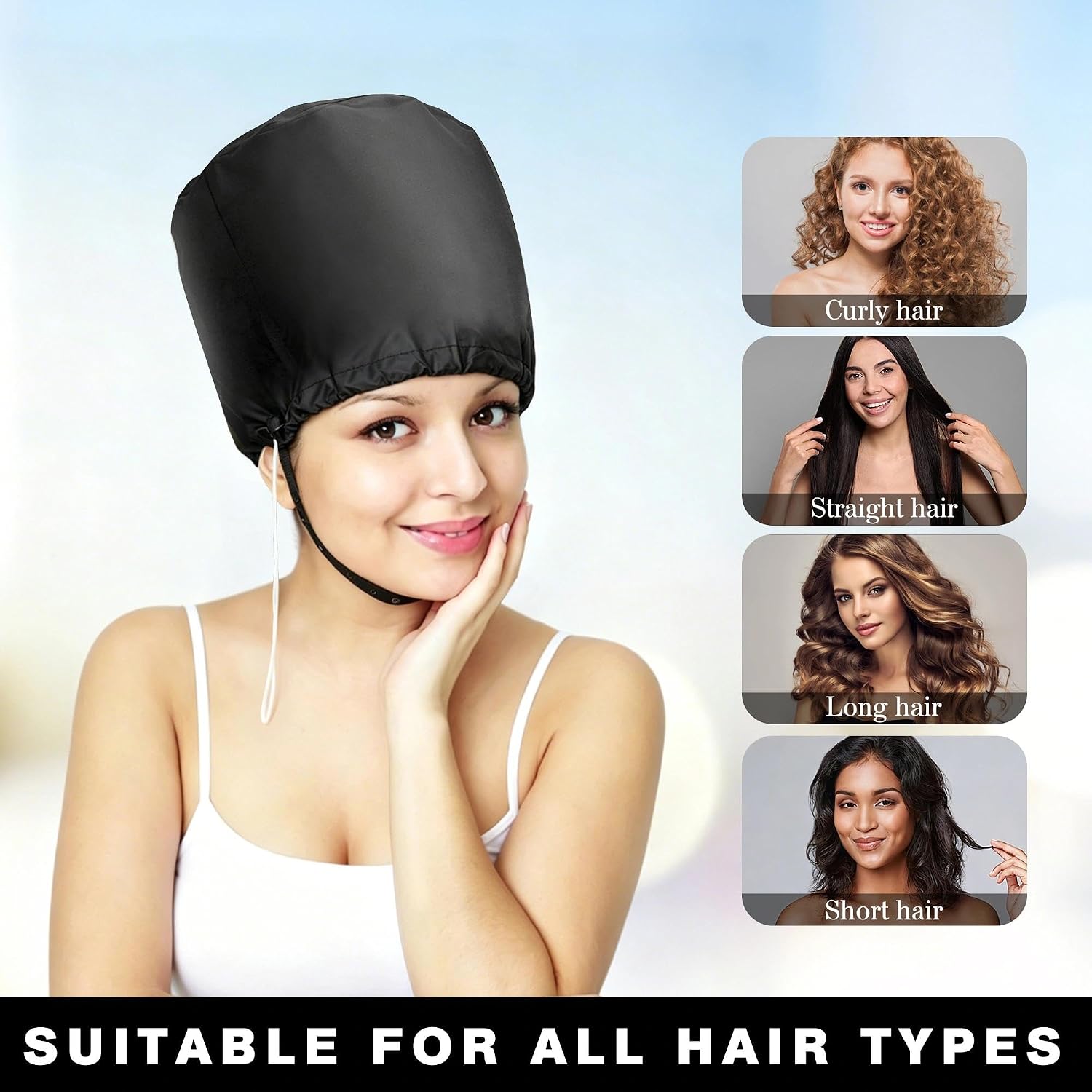 Hooded Hair Dryer Bonnet, Fast Drying Bonnet Hair Dryer for Natural Hair, Deep Conditioning Styling Curl Enhancing, Adjustable Fit Portable Lightweight for Travel（Black）