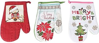 OUNONA 3 Pieces Christmas Oven Gloves in Winter Heat Resistant Cotton Protective Gloves for Barbecue Kitchen Gloves (Random Color)