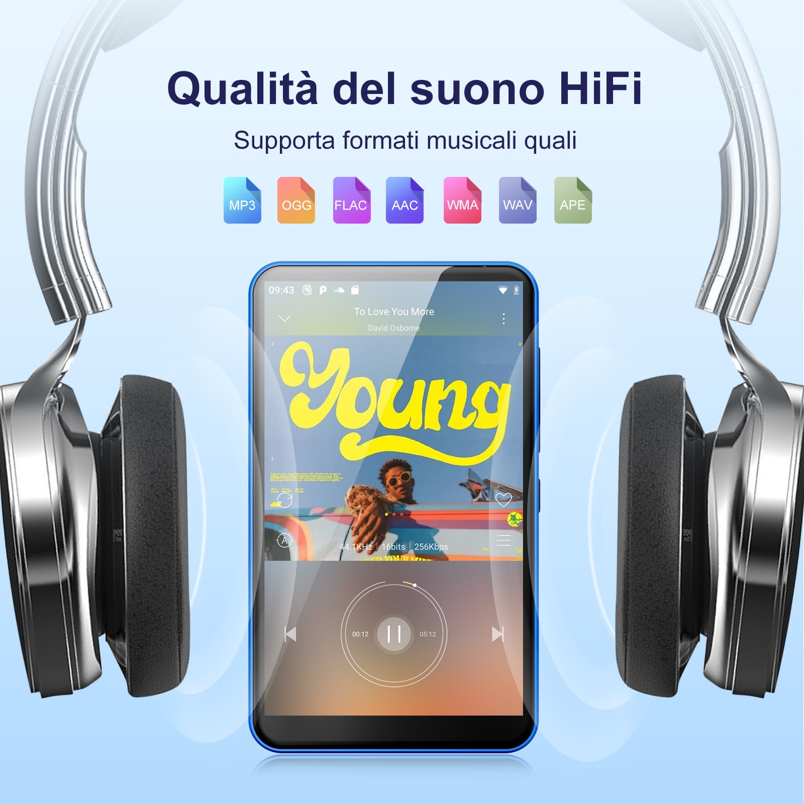 Lettore MP3 da 16 GB con Bluetooth e Wi-Fi, lettore MP3 e MP4 Android con touchscreen da 4 pollici e altoparlante, lettore musicale Spotify da 2000 mAh con Spotify Kids, Audible, Amazon Music