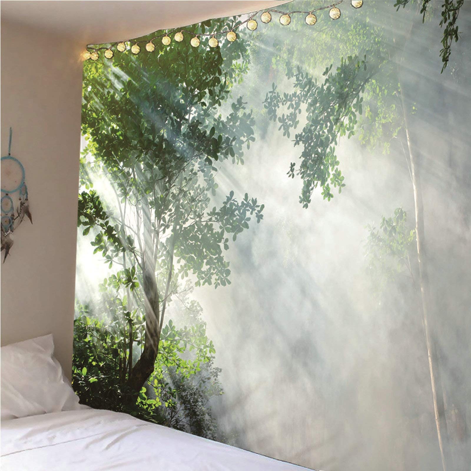 KnSam Tapestry, Tapestry Wall Hanging Living Room Home Decorations Made of Polyester Sunlight Fog Forest Green 200 x 200 cm Tapestries - Image 2