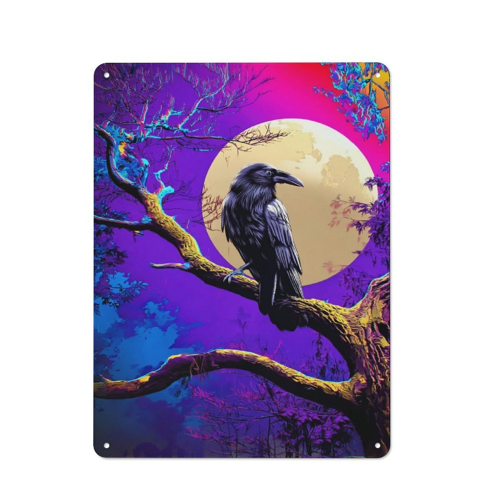 Junmoney Crow Perched On Moonlit Branch -1 Printed Metal Sign, Easy To Hang Plaque For Living Room, Hallway, Kitchen Or Pet Corner, 40X30cm