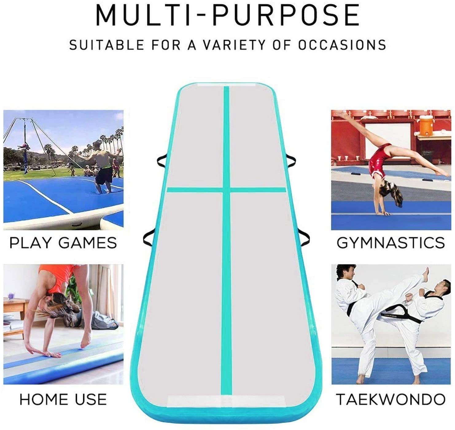 FBSPPORT Tappeto Gonfiabile per Ginnastica 3 Metri, 20cm Spesso con Pompa Ad Aria e Borsa per Il Trasporto, Tappetino per Esercizi a Casa/Yoga /All'Aperto/Tumbling/Palestra/Cheerleading/Acqua