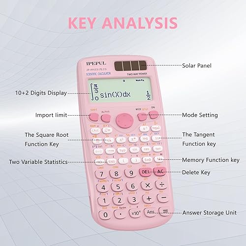 Miniatura 4 de Calculadoras científicas, calculadora de matemáticas iPepul Pink con función 417, batería solar y pantalla de 4 líneas, suministros escolares para