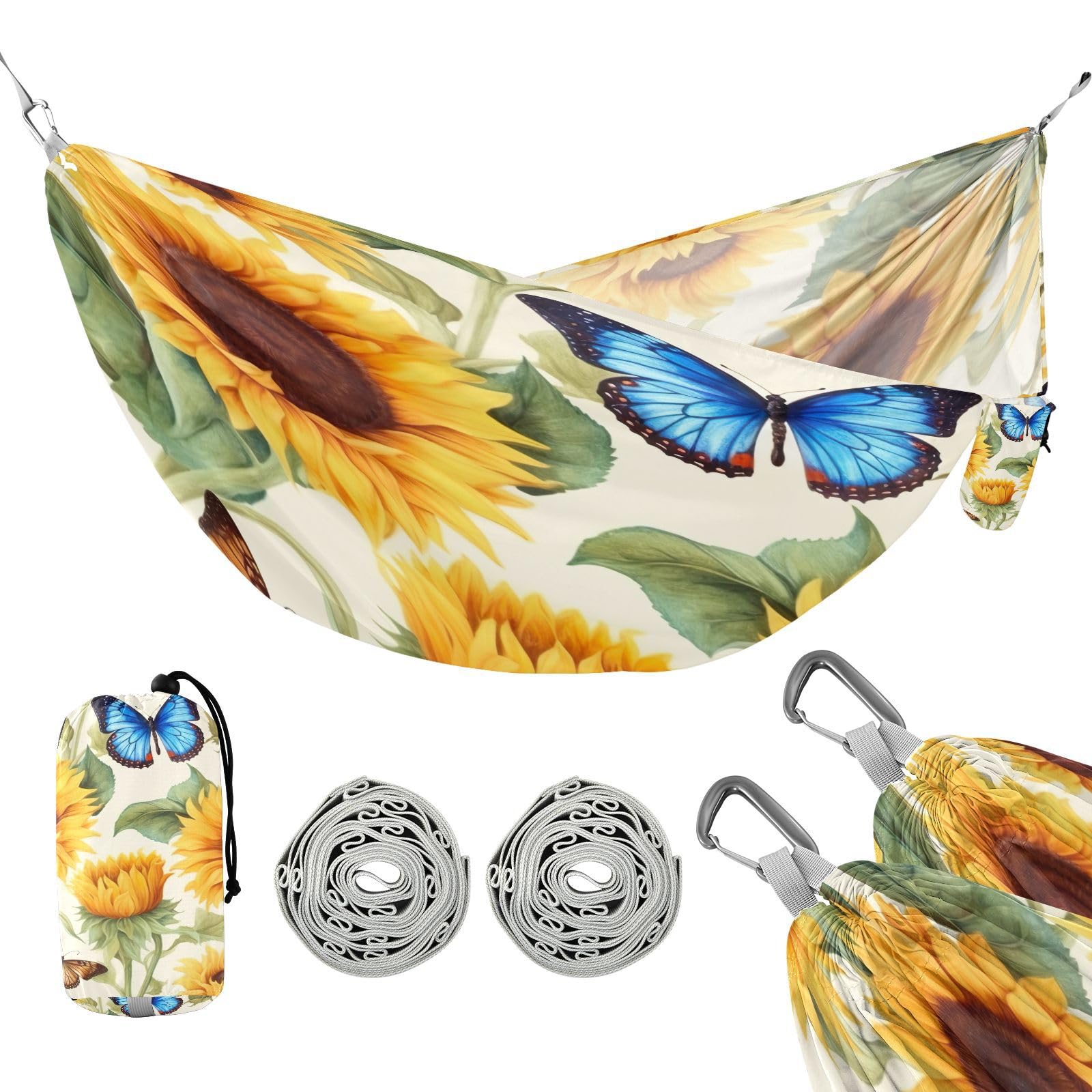 Haskirky Sunflower Butterfly Camping Hammock, Single Portable Hammocks with Tree Straps & Attached Carry Bag, 330Lbs Capacity Perfect for Outside Indoor Hiking Beach Backpack Travel