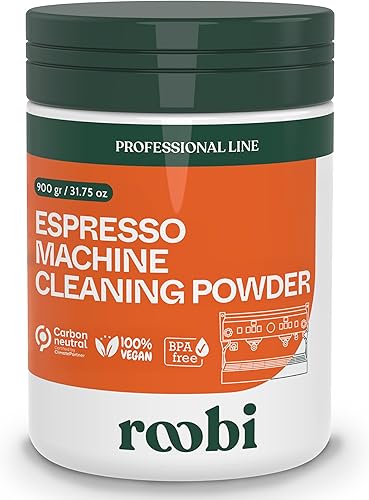 Roobi Polvo limpiador profesional para máquina de café expreso. Polvo limpiador de espresso neutro en carbono. Hasta 90 usos, 31.75 oz.