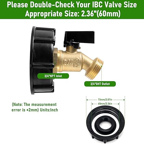 Miniatura 10 de Adaptador de bolsa IBC de 2 tamaños, accesorios de tanque IBC de 275-330 galones, válvula de bolsa de rosca fina y gruesa de 2.36 pulgadas + válvula