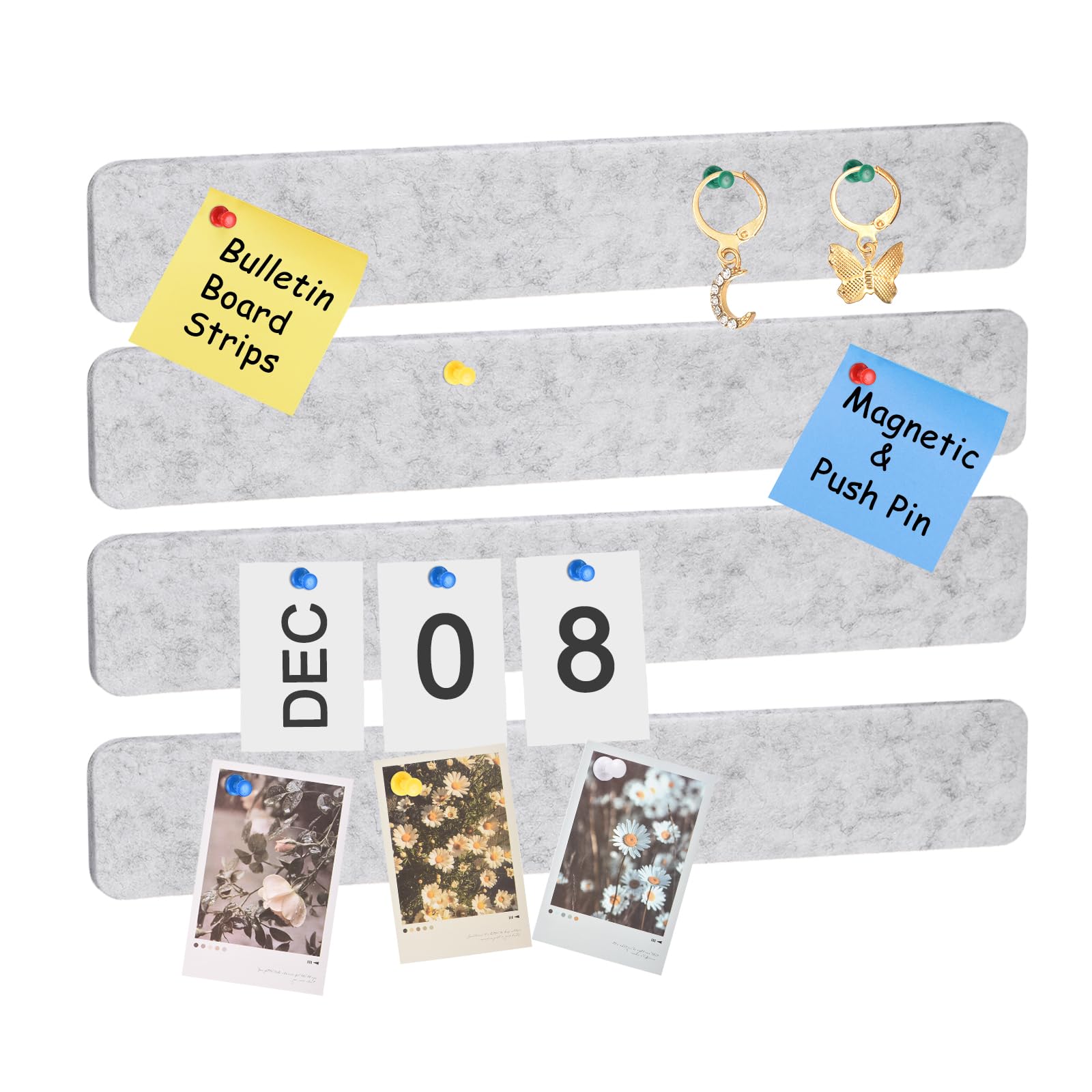sourcing map 4Pcs Bulletin Board, Felt Pin Board Bar Strips Bulletin Board, Self-Adhesive Memo Notice Pin Cork Board with Pushpins for Paste Notes, Photos, Schedules, Light Gray