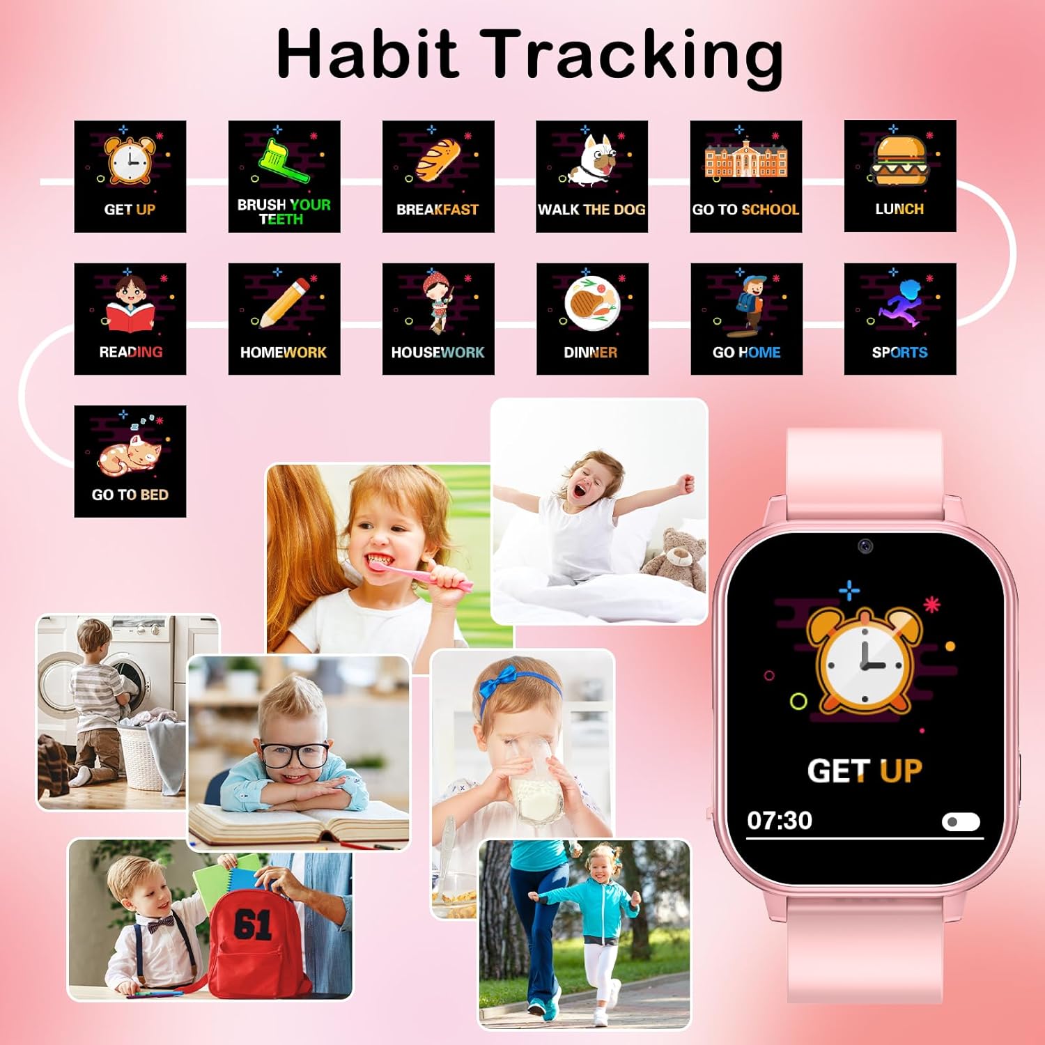 Smart watch displaying 'GET UP' alarm, surrounded by icons for various daily habits like brush teeth, breakfast, homework, etc.