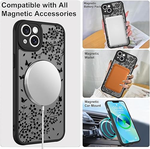 Miniatura 4 de Bonita funda para iPhone 13 con soporte, compatible con MagSafe, diseño de gato negro Kawaii, diseño de patrón floral y mariposas, anillo magnético