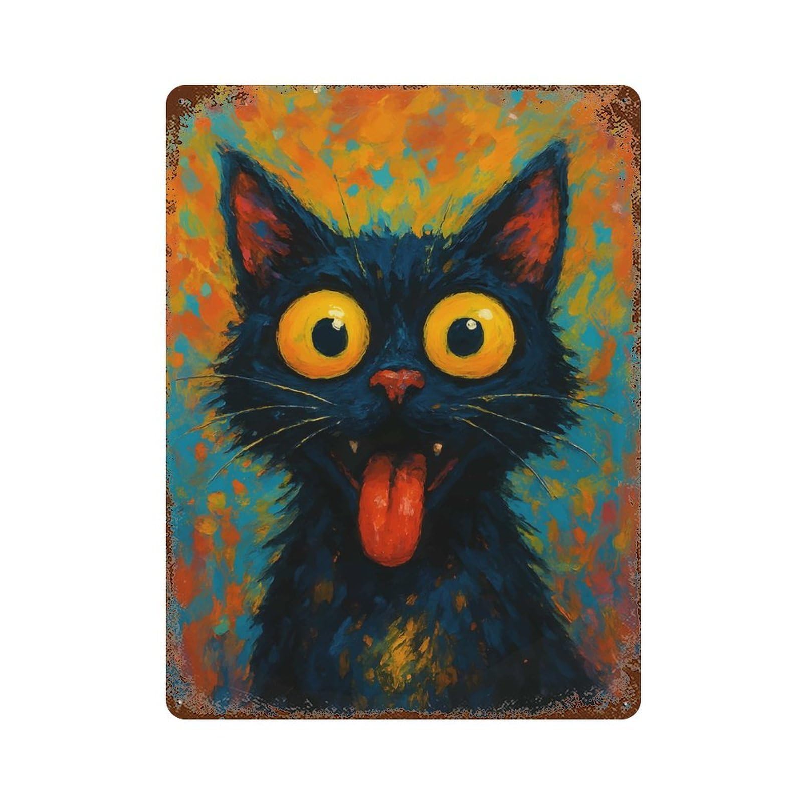Whimsical Black Cat Portrait Aged Metal Wall Plaque 15.7"x11.8", Old School Wall Decor for Garage, Bar And Workshop Decor
