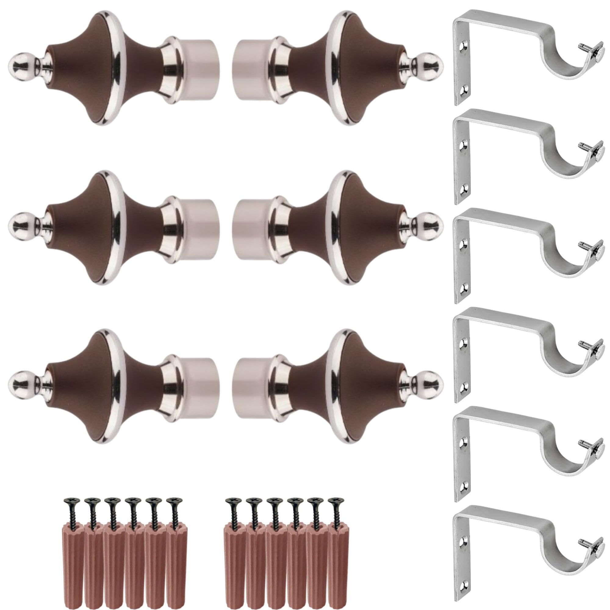 GRIVAN Stainless Steel & ABS Curtain Bracket Parda Holder with Support 1 Inch Rod Pocket Finials Designer Door and Window Rod Support Fittings, Curtain Rod Holder (Pair of 3, Dark Brown )-image-8