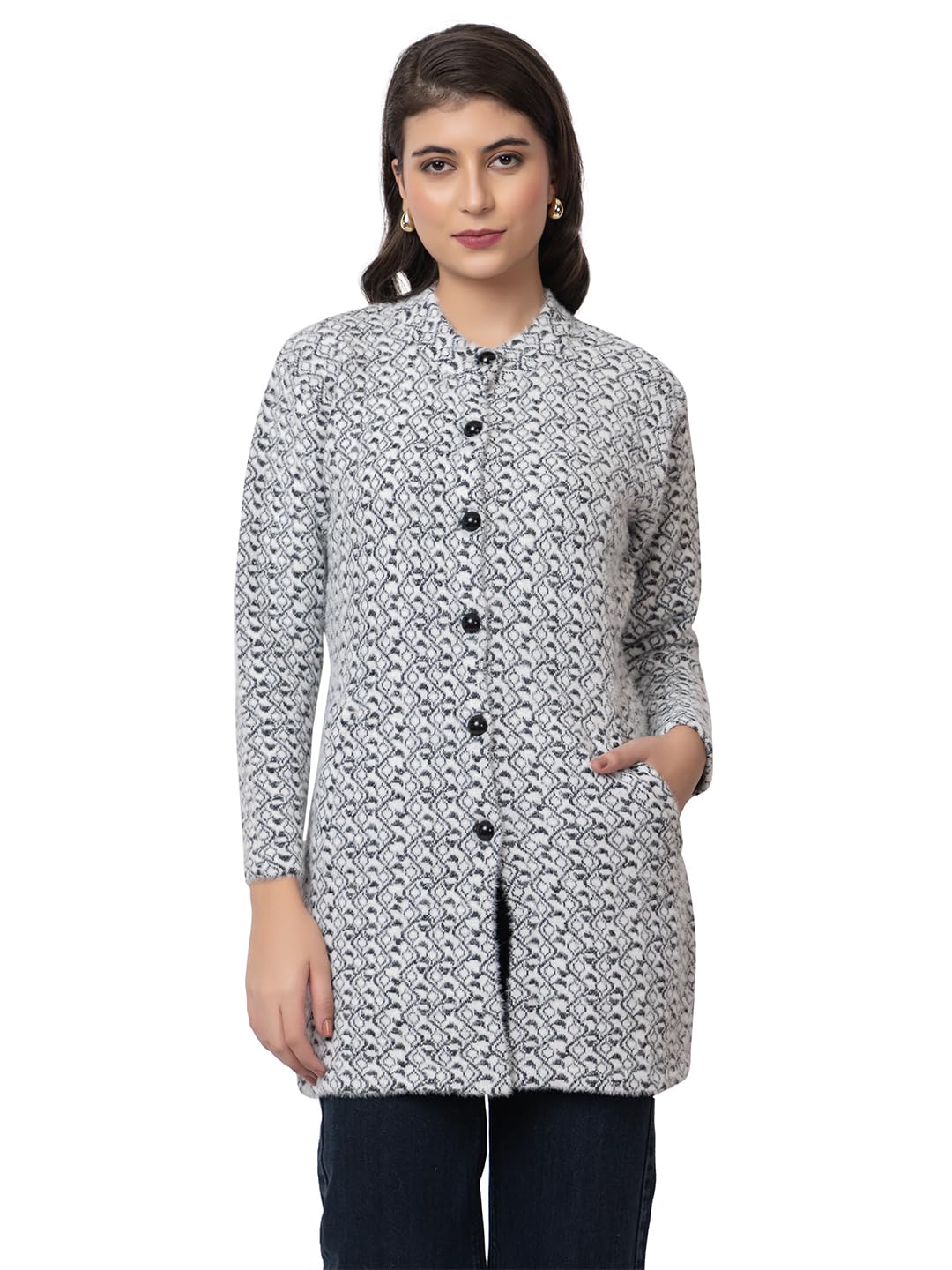 Geometric Pattern Button-Front Long Coat, Long Sleeves with Pockets, Available in multiple colours-image-21