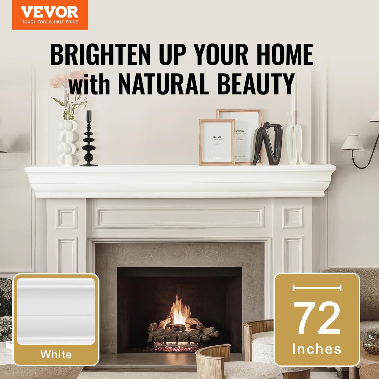 VEVOR Fireplace Mantel, 72" x 8" x 5", 50 lbs Weight Capacity, Natural Wood Mantel for Over Fireplace, Wall Mounted Floating Farmhouse Shelf, Handcrafted Wood Fireplace Mantel for Wall Decor, White