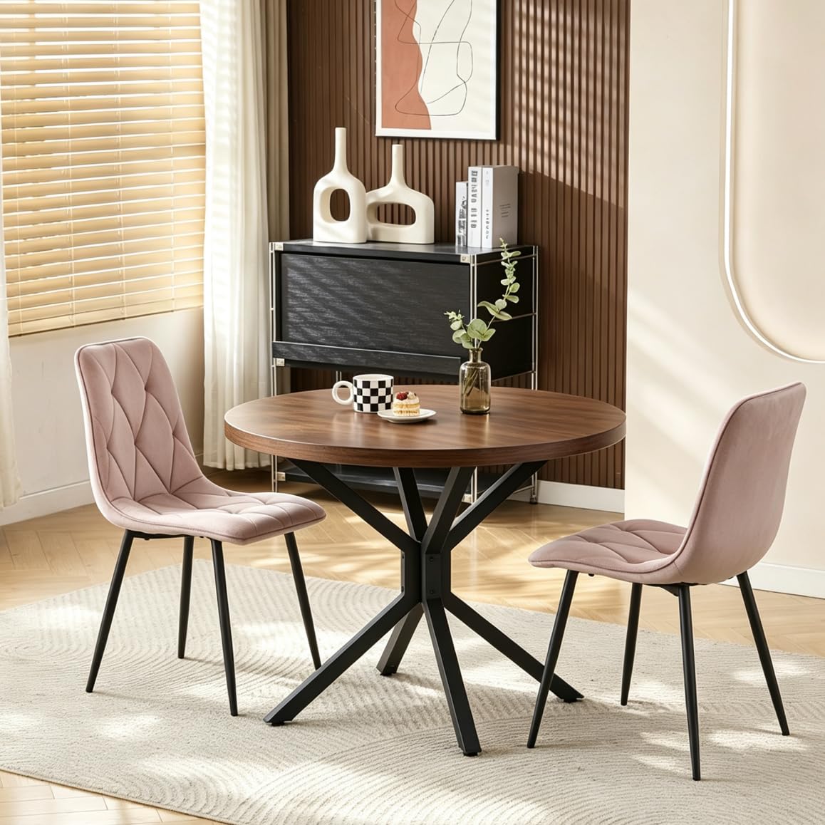 Pantanal 95cm Round Browish Walnut Wood Dining Table and Pink Velvet Chairs Set of 2, Modern 3 Pieces Compact Kitchen Table with 2 Argyle Grid Chairs for Dinette Restaurant Small Space — image 1