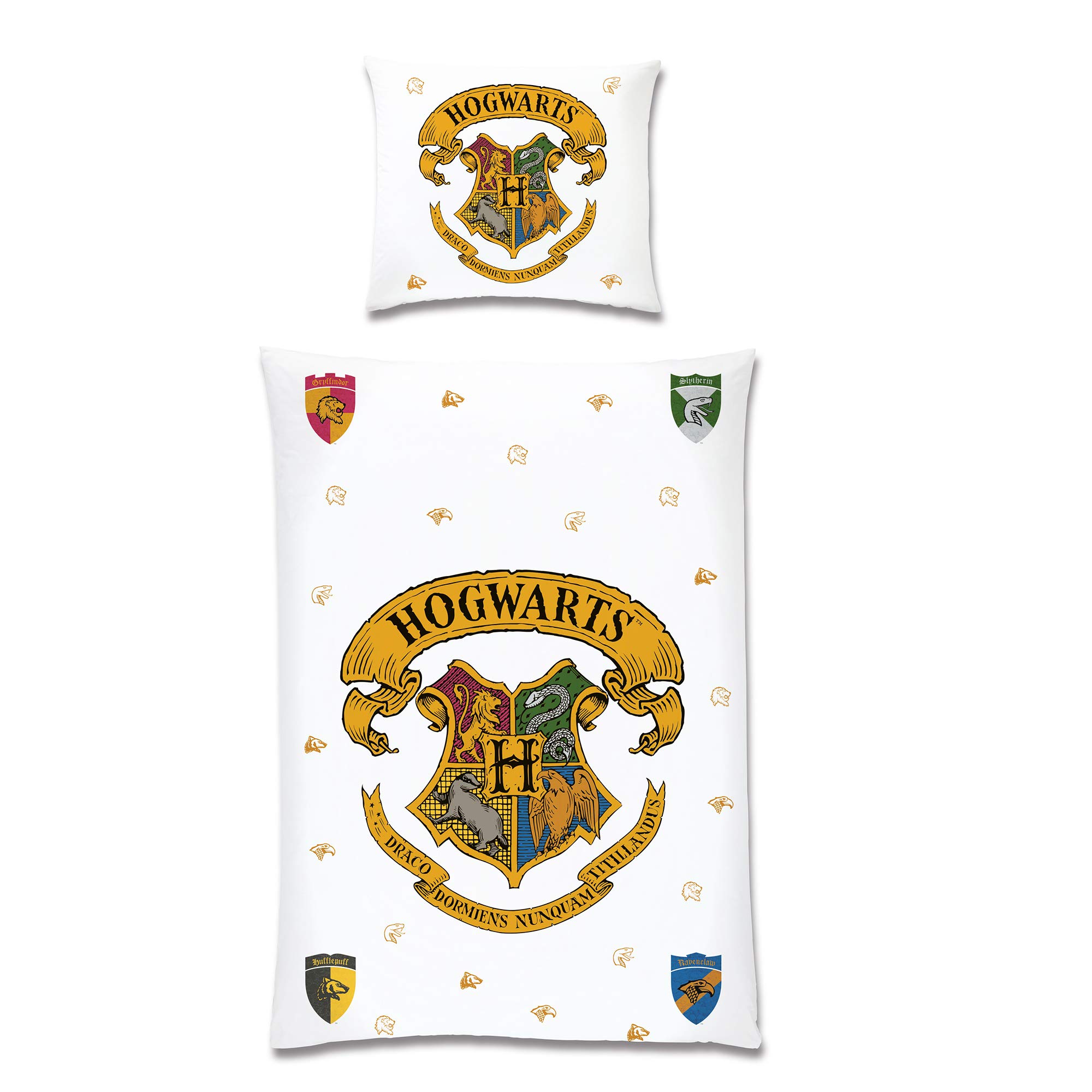 Harry Potter Wende-Bettwäsche Hogwarts 135 x 200 + 80 x 80 cm 100% Baumwolle Biber-Flanell-Qualität mit YKK-Reißverschluss Gryffindor Hufflepuff Ravenclaw Slytherin Weasley Hermine deutsche Größe