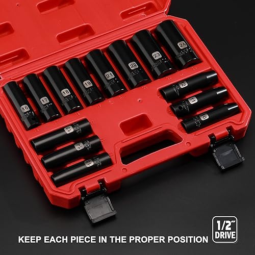 Miniatura 5 de EMENTOL Juego de llaves de vaso de impacto profundo de 1/2", métricas, 6 puntos, CR-V, 14 piezas de 1/2 pulgada Dr. Deep Socket Set, 0.394 in -