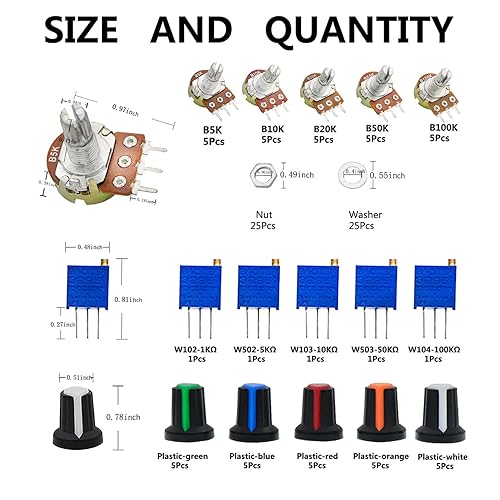 Miniatura 2 de Kit de potenciómetro B5K 10K 20K 50K 100K Ohm Lineal Taper Audio Rotativo Tipo B Potenciómetro con 1K 5K 10K 50K 100K 100K Ohm 3296W Multiturn