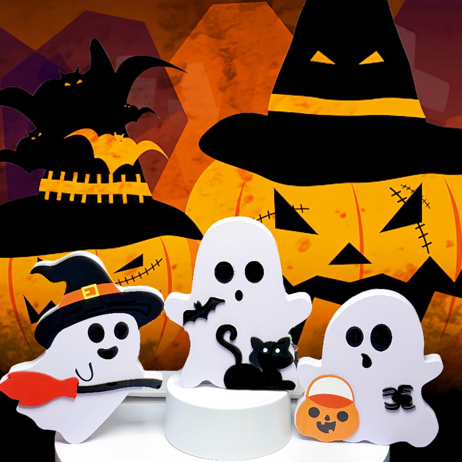 Niedliche Halloween-Deko Aus Holz - 3-teiliges Set Mit Geistern, Katze & Kürbis Für Tisch & Regal