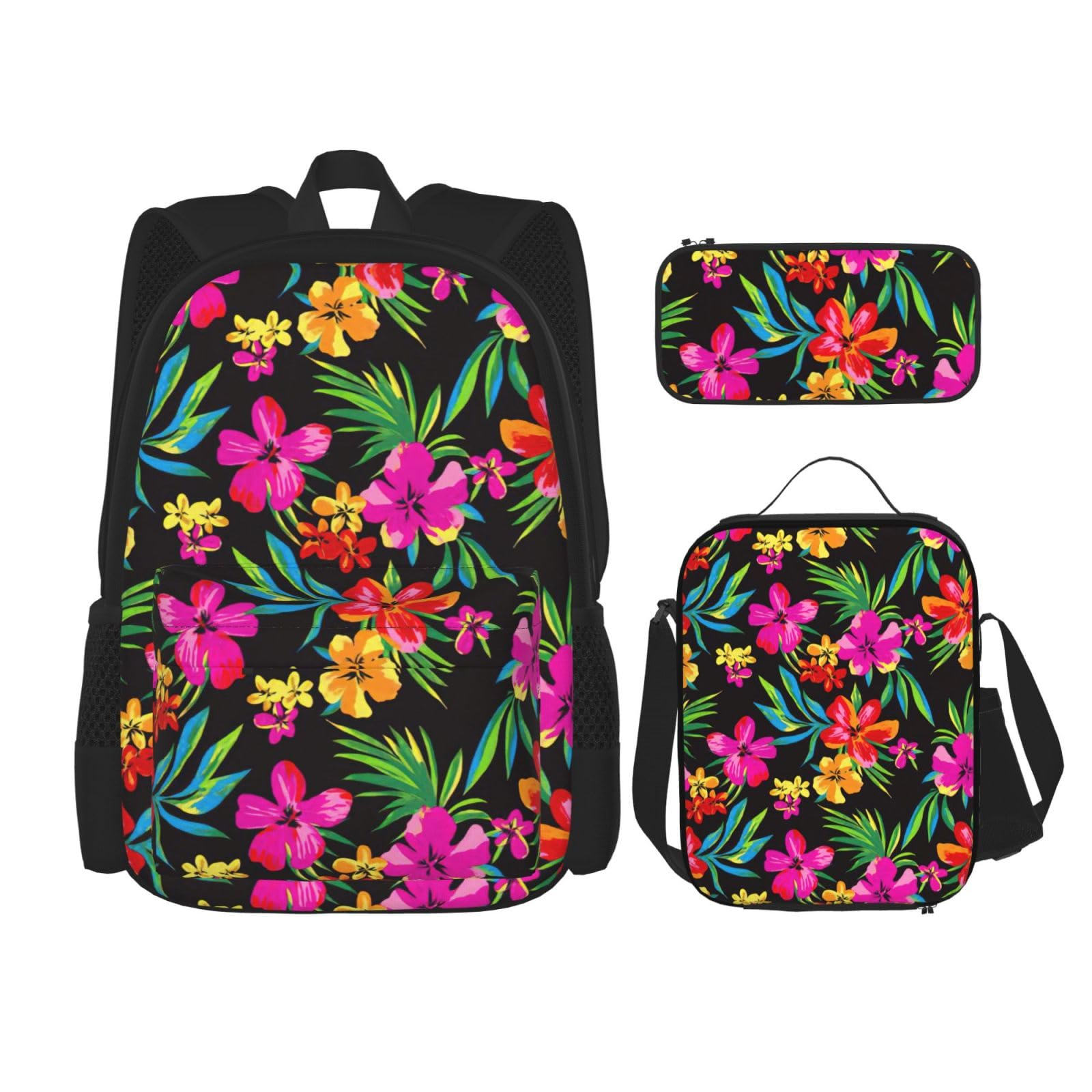 Juego de 3 mochilas escolares hawaianas con estampado de flores coloridas, mochila para laptop resistente al agua de gran capacidad con bolsa de almuerzo aislada y estuche para lápices para