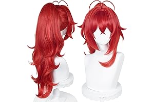 Diluc Cosplay Wig for Men, Red Detachable Pigtail Halloween Costume