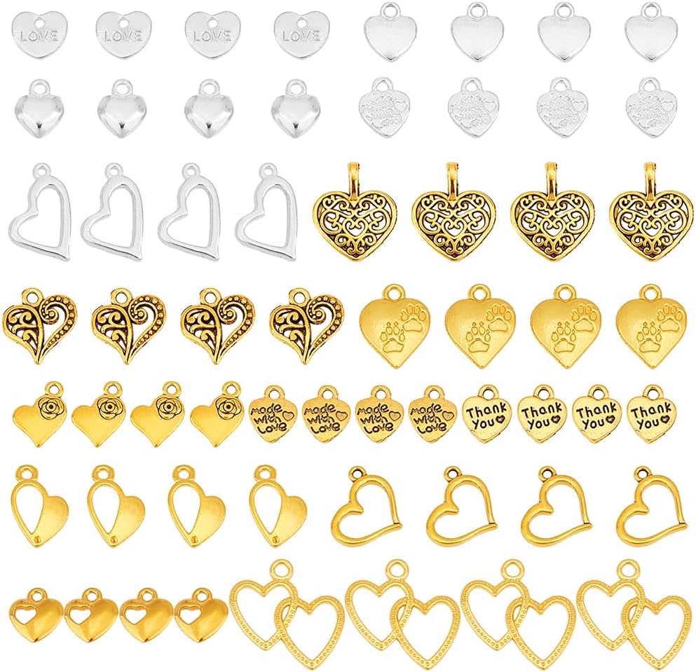 PH PandaHall 150 Pcs 15 Styles Heart Charms, Alloy Heart Pendants Tibetan Style Thank You Charms for Jewelry Earring Bracelet Necklace Pendant Making Wedding Mother's Day, Silver/Golden