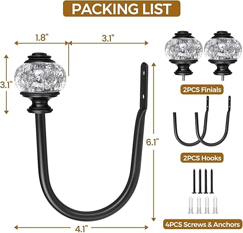 Miniatura 8 de Paquete de 2 soportes negros para cortinas, alzapaños decorativos para cortinas, ganchos para pared con remates translúcidos (6.1 pulgadas de largo