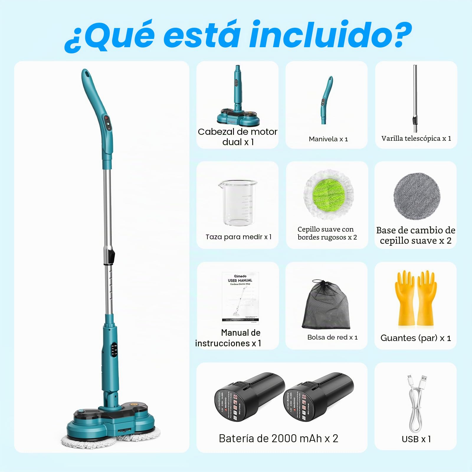 Mopa eléctrica inalámbrica con 2 baterías de 2000 mAh, fregona de limpieza de pisos de doble giro con pulverizador de agua/faros LED/pantalla inteligente/pulidora de suelo de mano de 400 RPM con