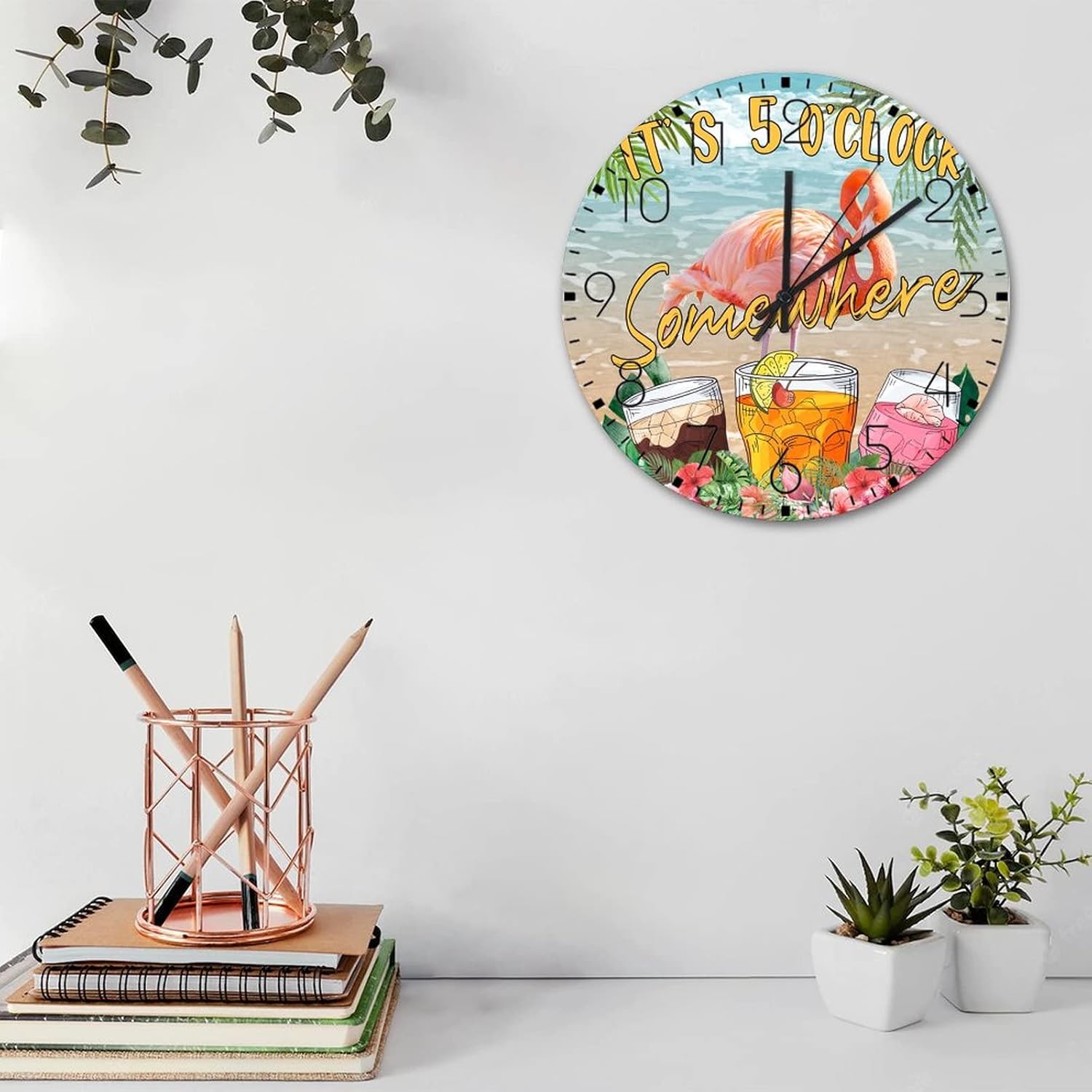 Wood Wall Clock Battery Operated Non Ticking It's Five O'clock Somewhere Rustic Wall Clocks Summer Tropical Luau Parrot Home Decoration for Girls Room Kids Room Conference Room 12 Inch
