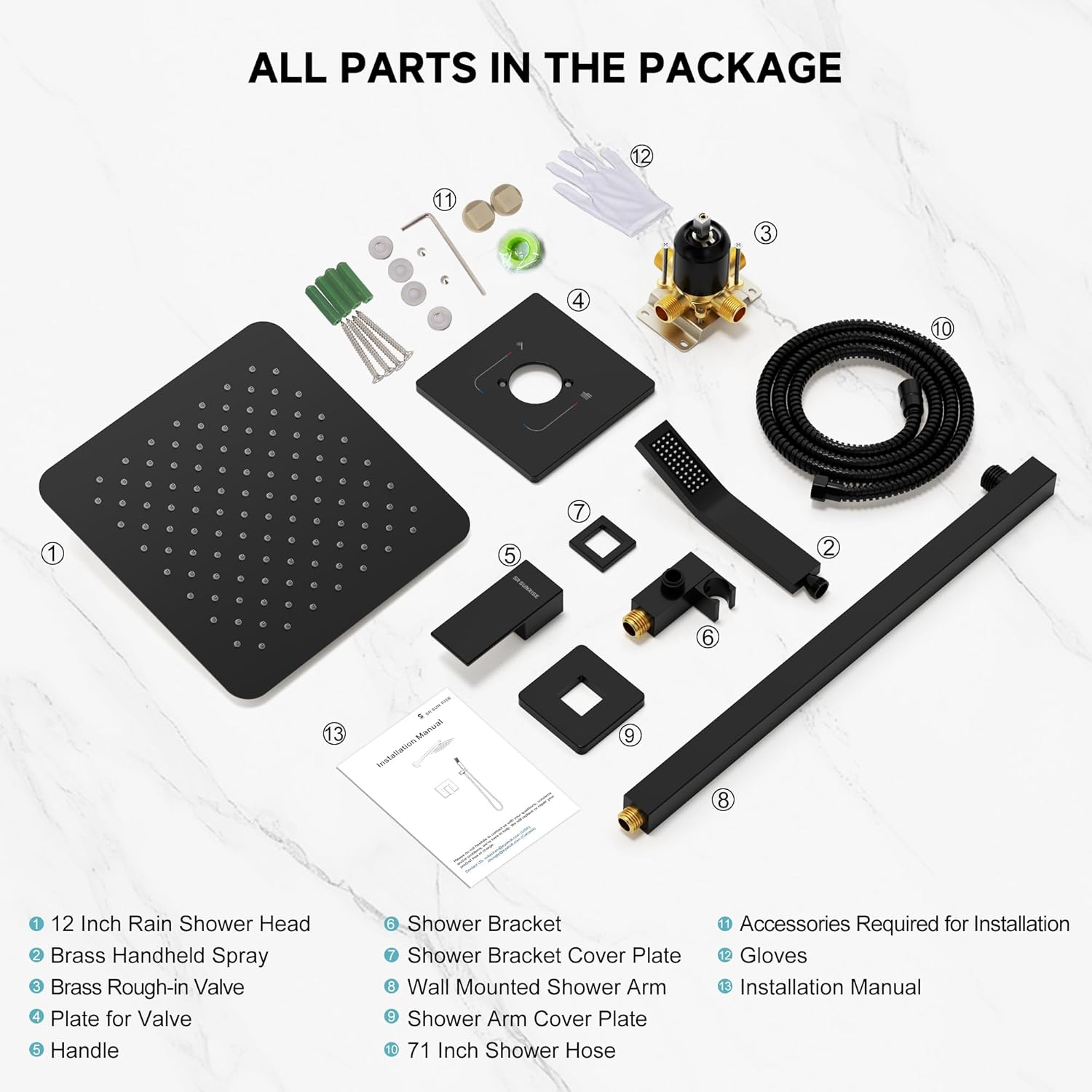 SR SUN RISE Shower Faucet Set & System - 12 Inch Rainfall Shower Head & Handle Set Wall Mounted Matte Black Solid Brass Valve Trim Kit Included - Image 9