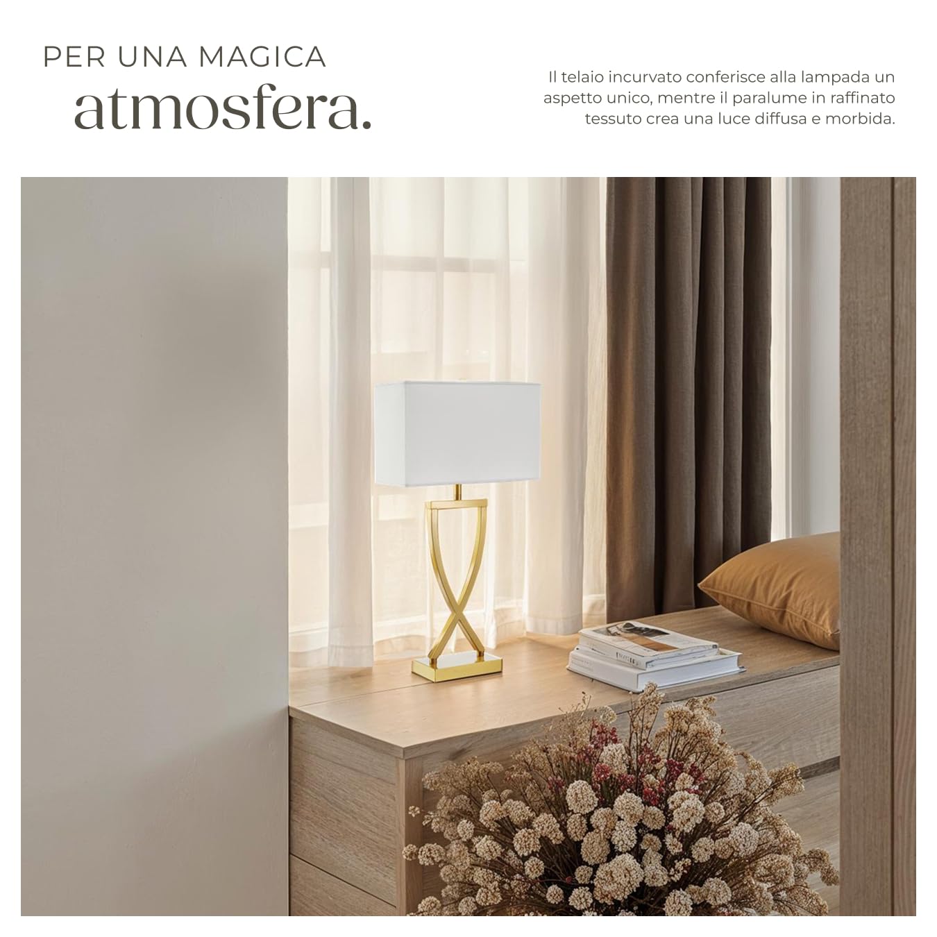 tectake® lampada da scrivania moderna, 60W, luce antiabbagliamento, paralume in tessuto, lampada da comodino struttura in ferro rivestito, base stabile, bajour comodino, design elegante - Color Ottone